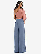 Rear View Thumbnail - Larkspur Blue & Desert Rose One-Shoulder Bell Sleeve Jumpsuit with Pockets