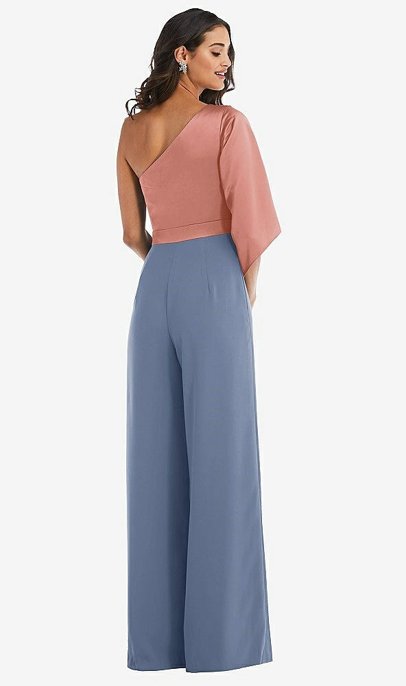 Back View - Larkspur Blue & Desert Rose One-Shoulder Bell Sleeve Jumpsuit with Pockets