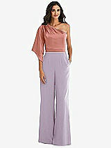 Front View Thumbnail - Lilac Haze & Desert Rose One-Shoulder Bell Sleeve Jumpsuit with Pockets