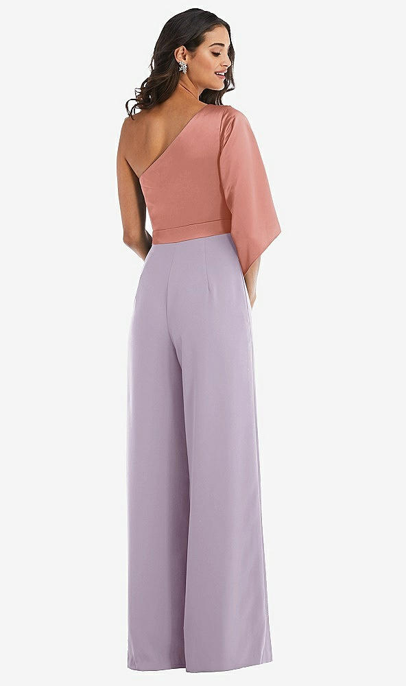 Back View - Lilac Haze & Desert Rose One-Shoulder Bell Sleeve Jumpsuit with Pockets
