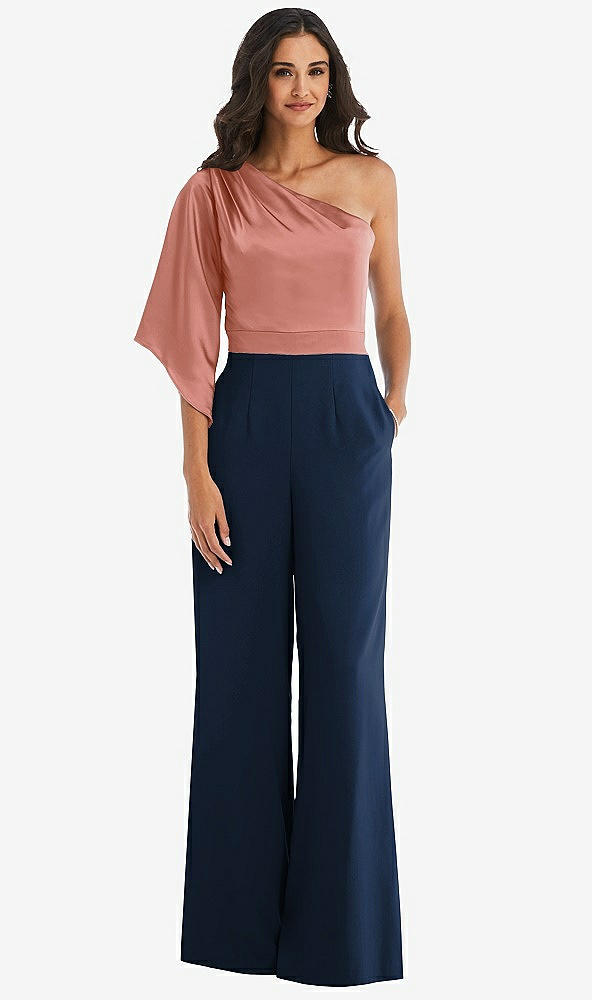 Front View - Midnight Navy & Desert Rose One-Shoulder Bell Sleeve Jumpsuit with Pockets