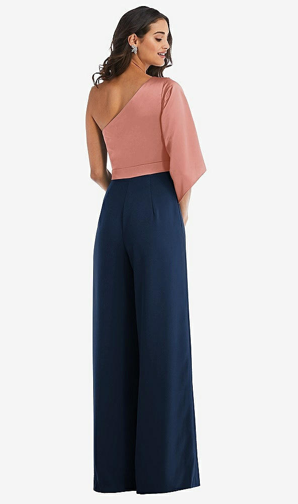 Back View - Midnight Navy & Desert Rose One-Shoulder Bell Sleeve Jumpsuit with Pockets