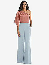 Front View Thumbnail - Mist & Desert Rose One-Shoulder Bell Sleeve Jumpsuit with Pockets