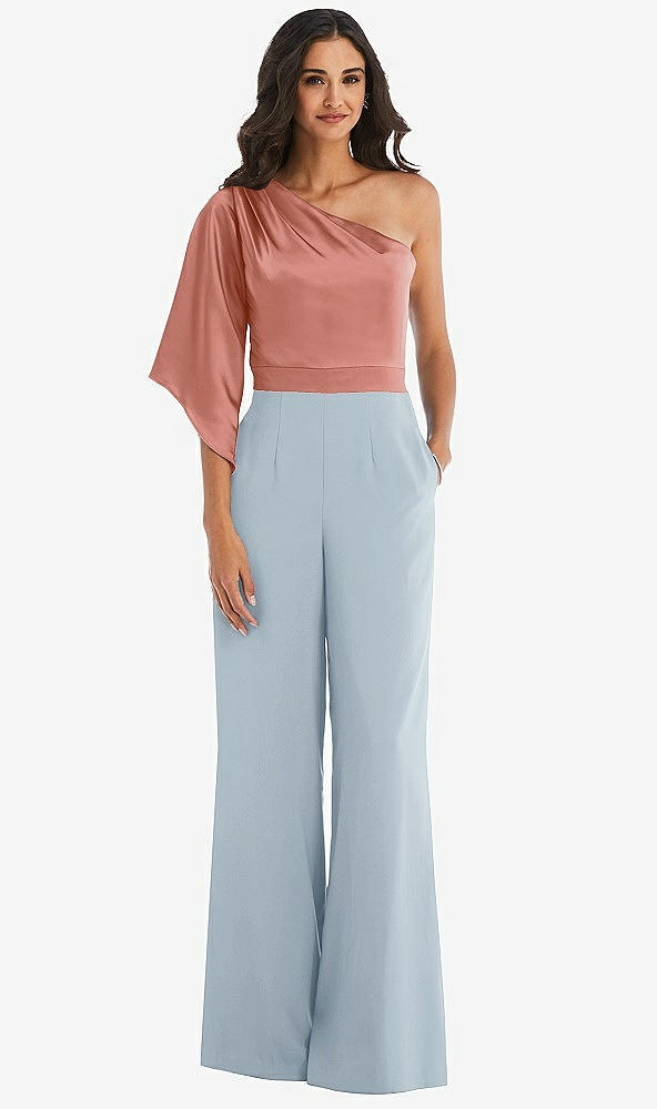 Front View - Mist & Desert Rose One-Shoulder Bell Sleeve Jumpsuit with Pockets