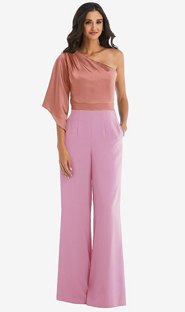 Front View - Powder Pink & Desert Rose One-Shoulder Bell Sleeve Jumpsuit with Pockets