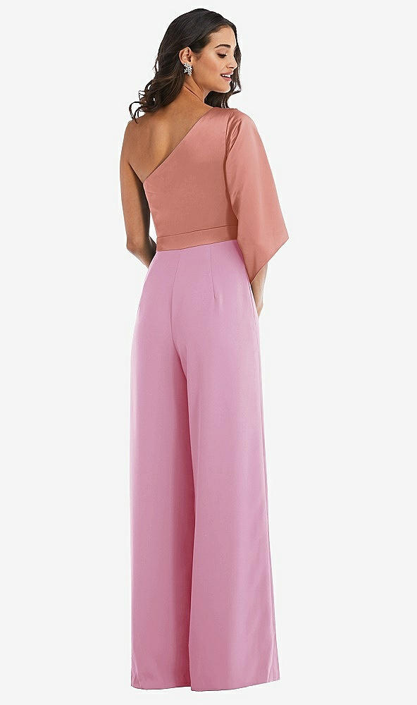 Back View - Powder Pink & Desert Rose One-Shoulder Bell Sleeve Jumpsuit with Pockets