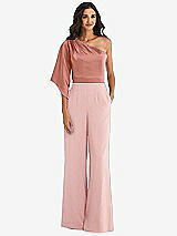 Front View Thumbnail - Rose & Desert Rose One-Shoulder Bell Sleeve Jumpsuit with Pockets