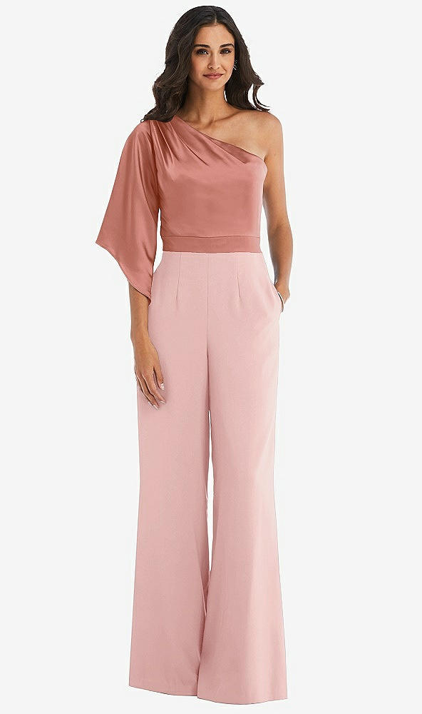 Front View - Rose & Desert Rose One-Shoulder Bell Sleeve Jumpsuit with Pockets