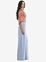 Side View Thumbnail - Sky Blue & Desert Rose One-Shoulder Bell Sleeve Jumpsuit with Pockets