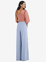 Rear View Thumbnail - Sky Blue & Desert Rose One-Shoulder Bell Sleeve Jumpsuit with Pockets