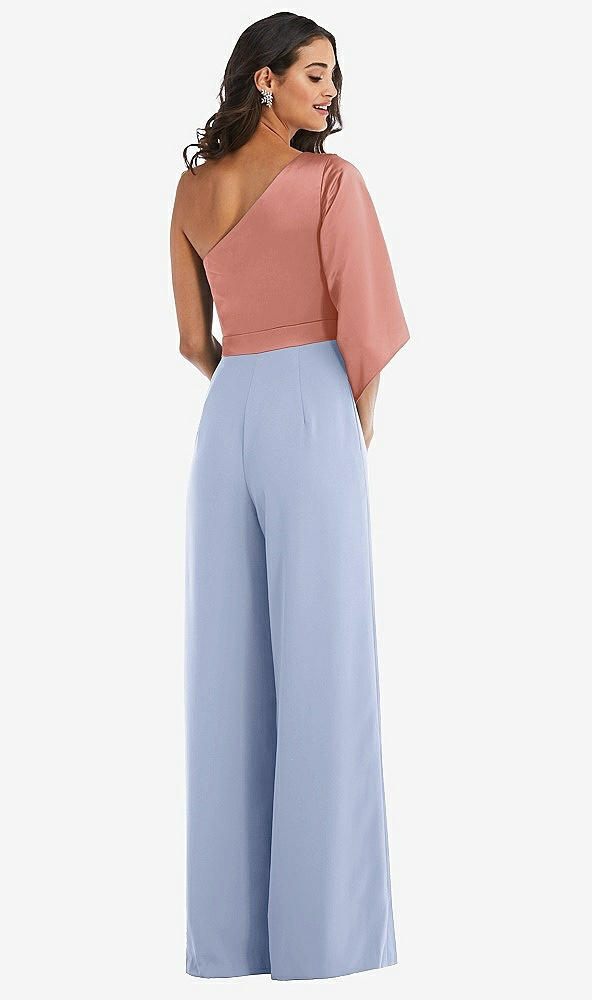 Back View - Sky Blue & Desert Rose One-Shoulder Bell Sleeve Jumpsuit with Pockets