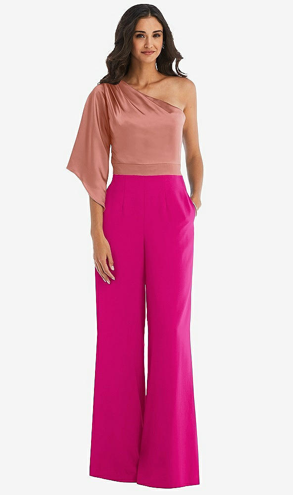Front View - Think Pink & Desert Rose One-Shoulder Bell Sleeve Jumpsuit with Pockets