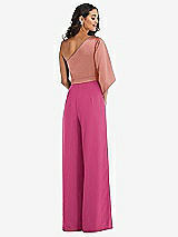 Rear View Thumbnail - Tea Rose & Desert Rose One-Shoulder Bell Sleeve Jumpsuit with Pockets