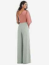 Rear View Thumbnail - Willow Green & Desert Rose One-Shoulder Bell Sleeve Jumpsuit with Pockets
