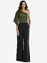 Front View Thumbnail - Black & Olive Green One-Shoulder Bell Sleeve Jumpsuit with Pockets