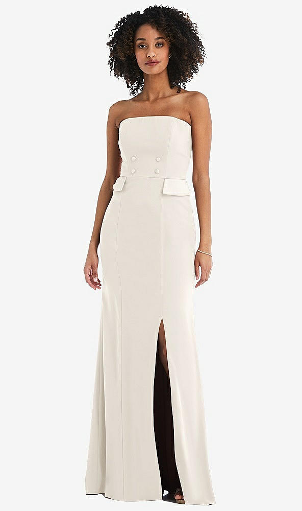 Front View - Ivory Strapless Tuxedo Maxi Dress with Front Slit