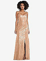 Front View Thumbnail - Copper Rose Spaghetti Strap Sequin Trumpet Gown with Side Slit