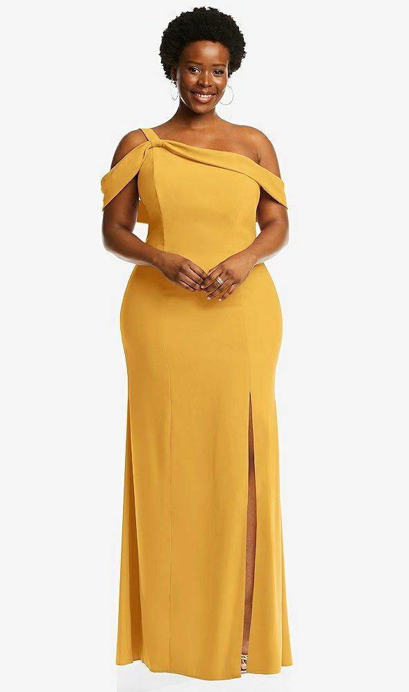 Front View - NYC Yellow One-Shoulder Draped Cuff Maxi Dress with Front Slit