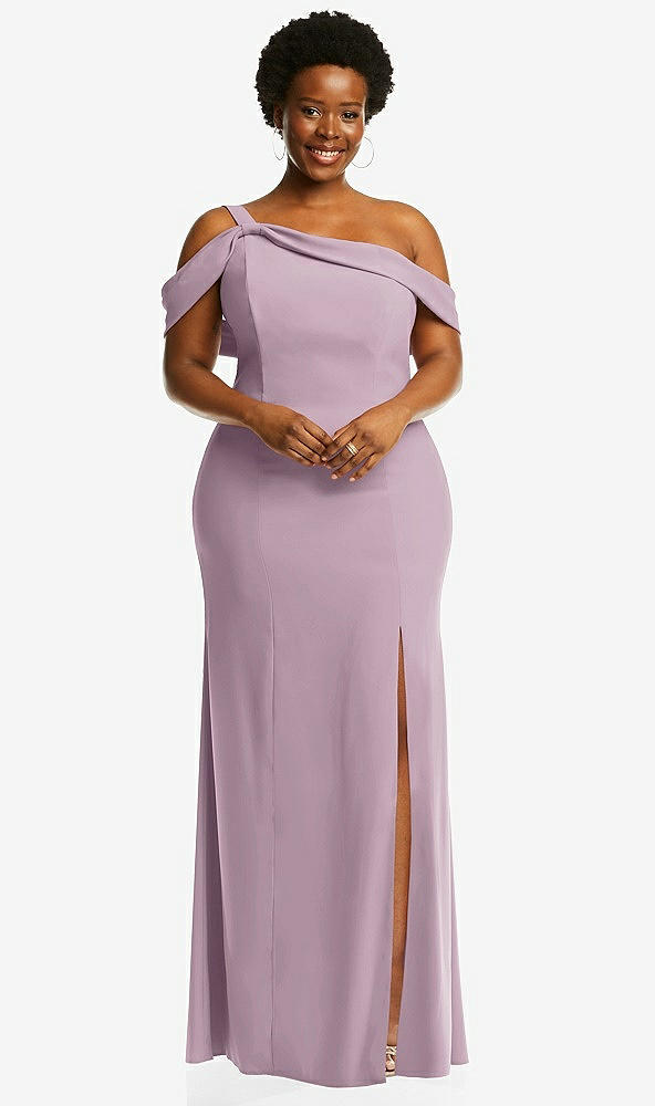 Front View - Suede Rose One-Shoulder Draped Cuff Maxi Dress with Front Slit