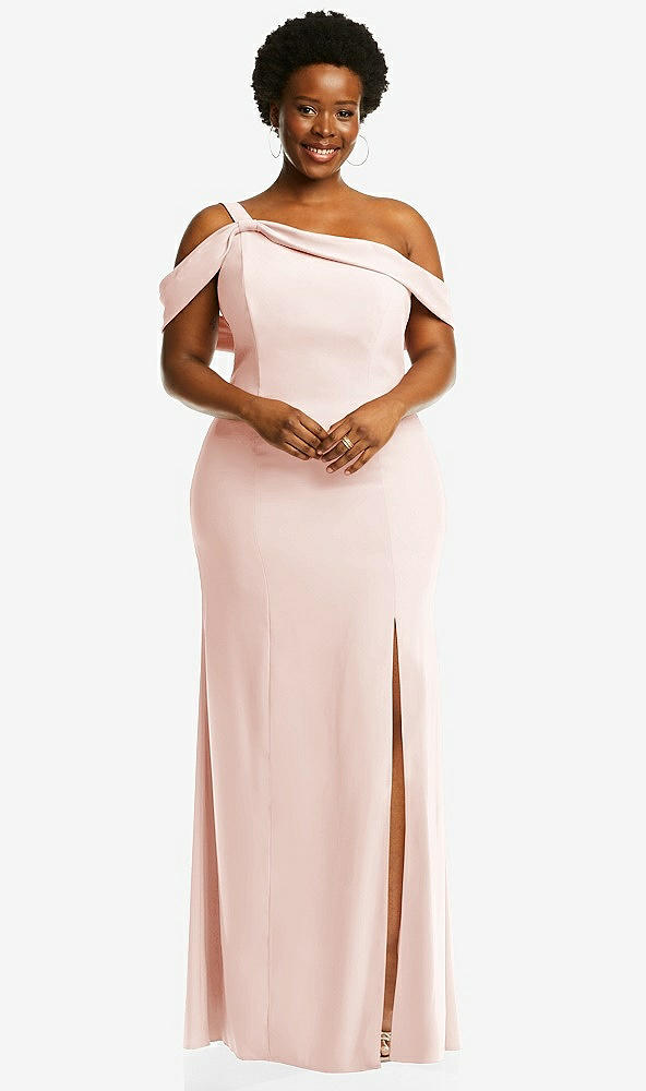 Front View - Blush One-Shoulder Draped Cuff Maxi Dress with Front Slit