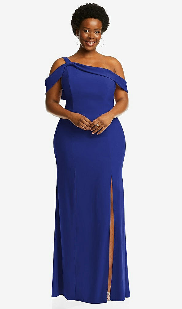 Front View - Cobalt Blue One-Shoulder Draped Cuff Maxi Dress with Front Slit
