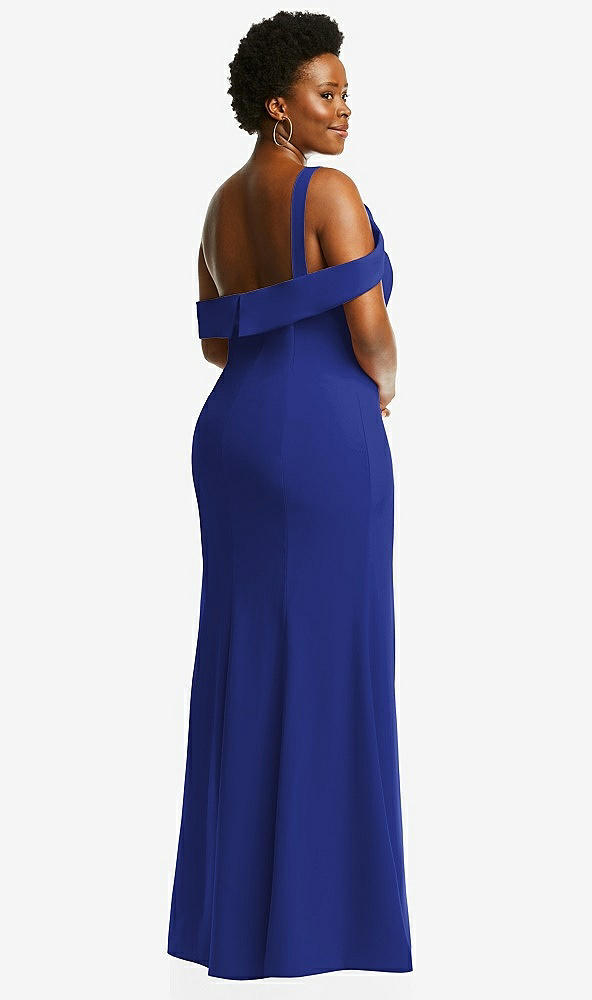 Back View - Cobalt Blue One-Shoulder Draped Cuff Maxi Dress with Front Slit