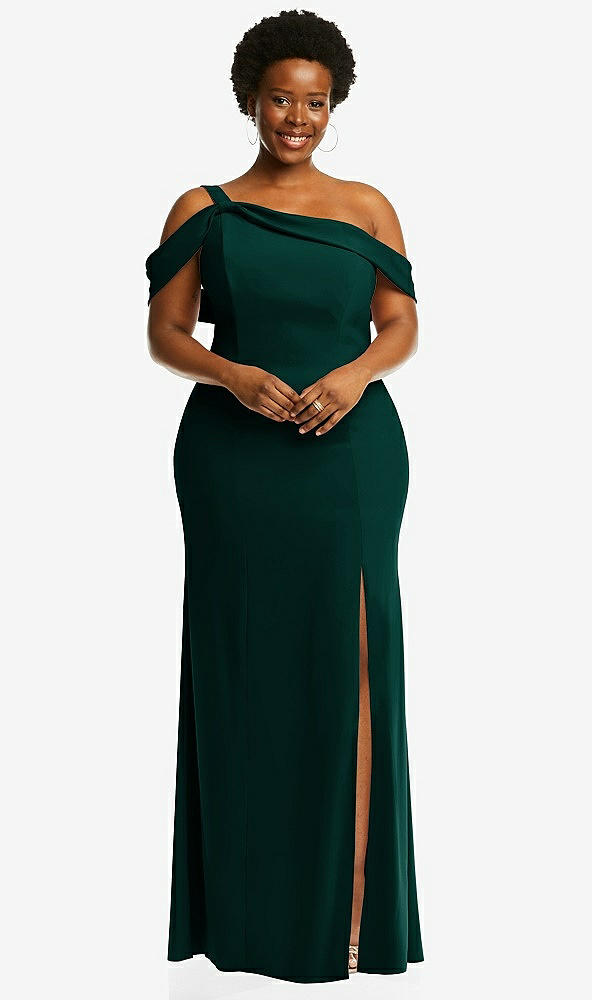 Front View - Evergreen One-Shoulder Draped Cuff Maxi Dress with Front Slit