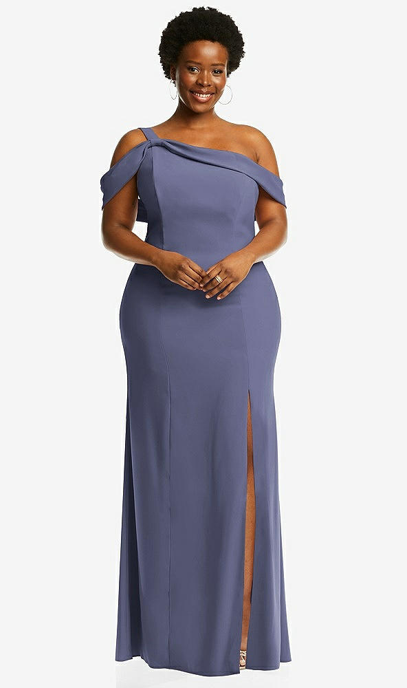 Front View - French Blue One-Shoulder Draped Cuff Maxi Dress with Front Slit