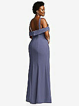 Rear View Thumbnail - French Blue One-Shoulder Draped Cuff Maxi Dress with Front Slit
