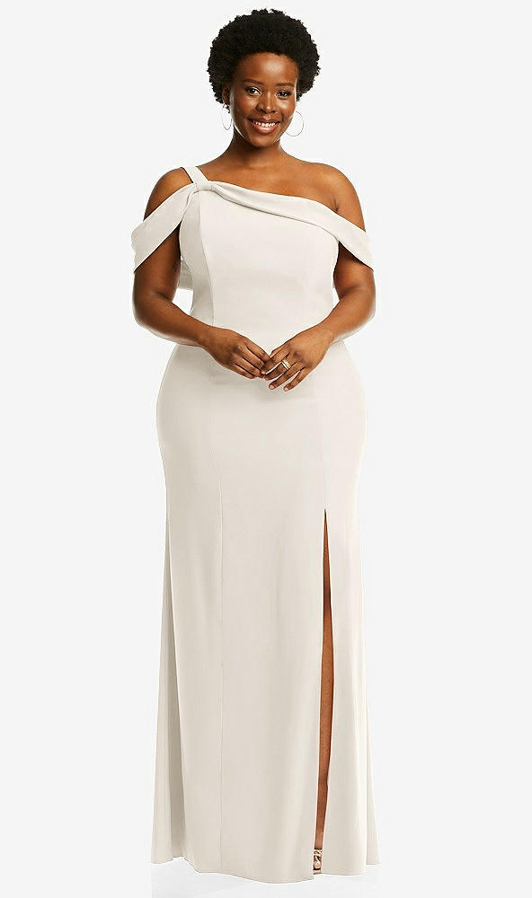 Front View - Ivory One-Shoulder Draped Cuff Maxi Dress with Front Slit