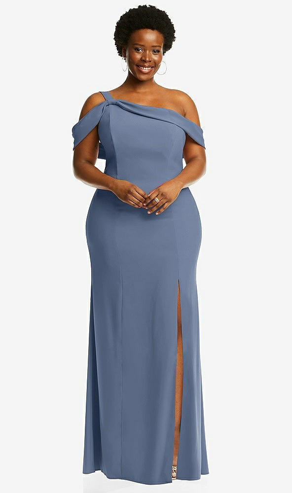 Front View - Larkspur Blue One-Shoulder Draped Cuff Maxi Dress with Front Slit