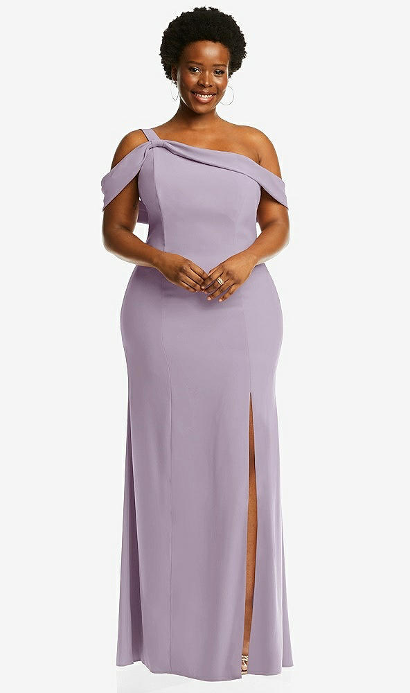 Front View - Lilac Haze One-Shoulder Draped Cuff Maxi Dress with Front Slit
