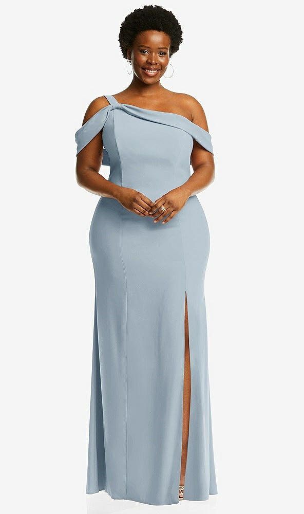 Front View - Mist One-Shoulder Draped Cuff Maxi Dress with Front Slit
