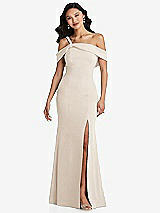 Alt View 1 Thumbnail - Oat One-Shoulder Draped Cuff Maxi Dress with Front Slit