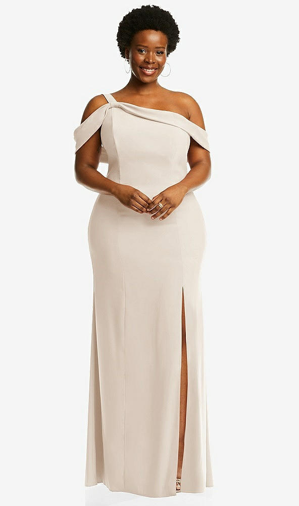 Front View - Oat One-Shoulder Draped Cuff Maxi Dress with Front Slit