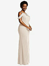 Side View Thumbnail - Oat One-Shoulder Draped Cuff Maxi Dress with Front Slit