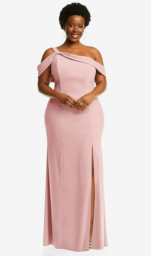Front View - Rose One-Shoulder Draped Cuff Maxi Dress with Front Slit