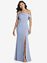 Alt View 1 Thumbnail - Sky Blue One-Shoulder Draped Cuff Maxi Dress with Front Slit