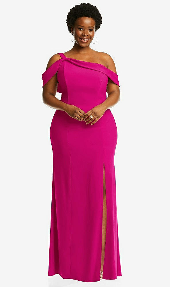 Front View - Think Pink One-Shoulder Draped Cuff Maxi Dress with Front Slit