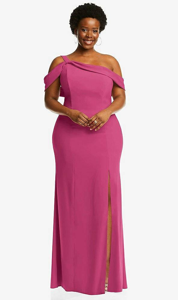Front View - Tea Rose One-Shoulder Draped Cuff Maxi Dress with Front Slit