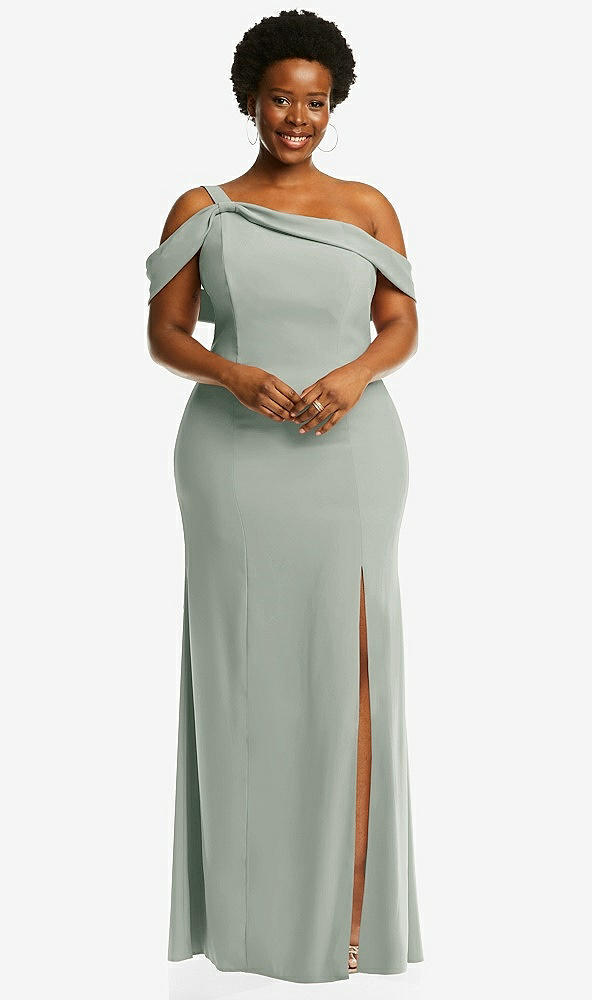 Front View - Willow Green One-Shoulder Draped Cuff Maxi Dress with Front Slit