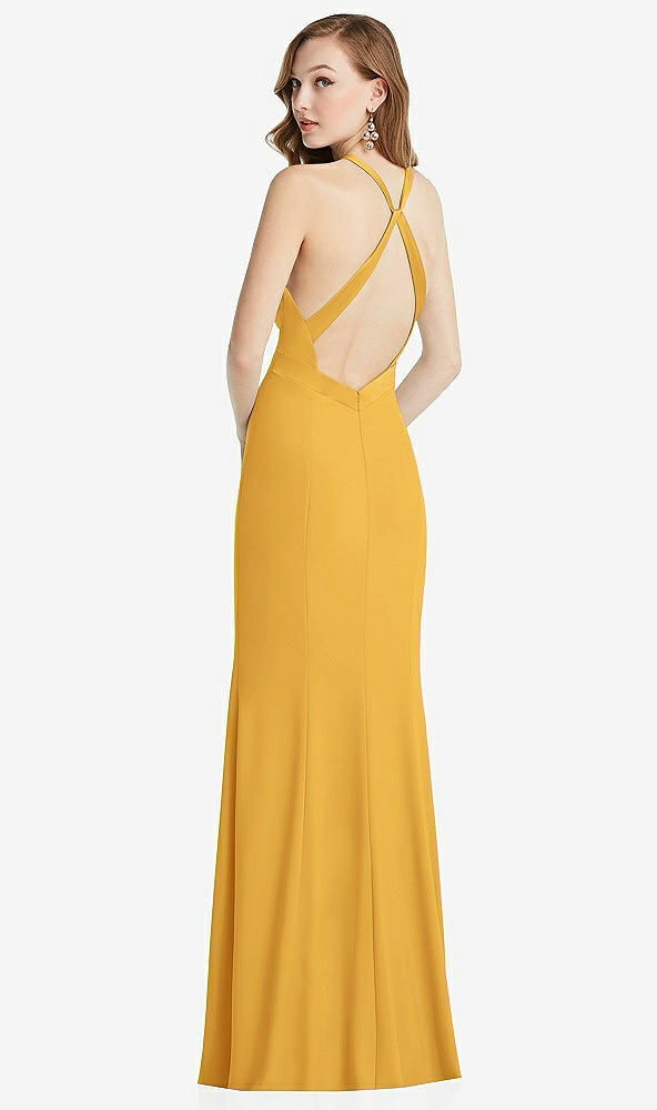 Front View - NYC Yellow High-Neck Halter Dress with Twist Criss Cross Back