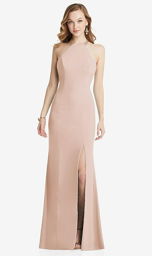 Back View - Cameo High-Neck Halter Dress with Twist Criss Cross Back