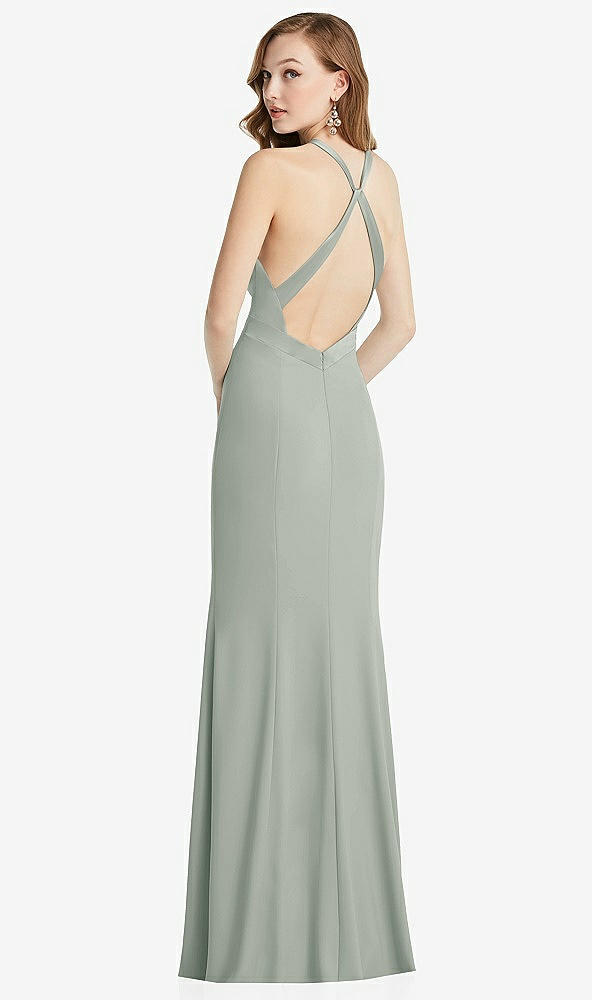 Front View - Willow Green High-Neck Halter Dress with Twist Criss Cross Back