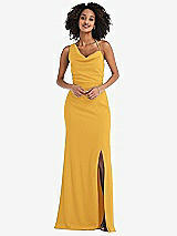 Front View Thumbnail - NYC Yellow One-Shoulder Draped Cowl-Neck Maxi Dress
