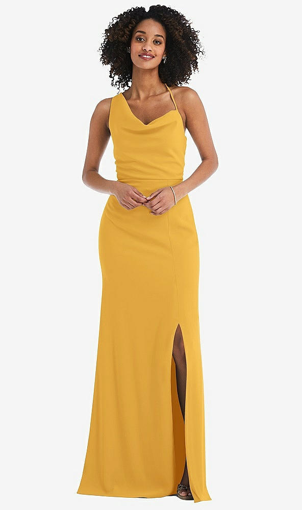 Front View - NYC Yellow One-Shoulder Draped Cowl-Neck Maxi Dress