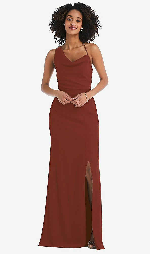 Front View - Auburn Moon One-Shoulder Draped Cowl-Neck Maxi Dress