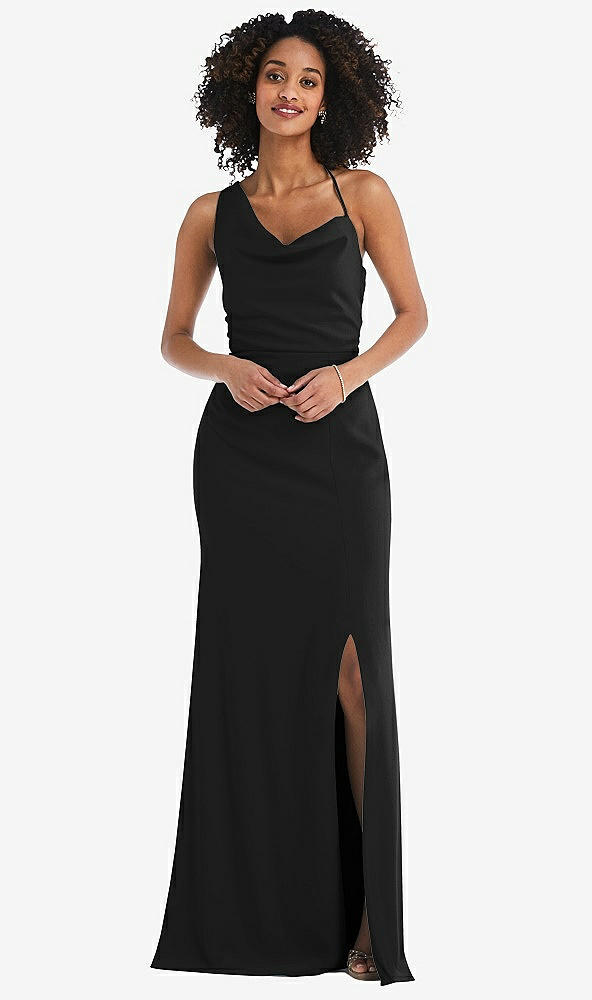 Front View - Black One-Shoulder Draped Cowl-Neck Maxi Dress