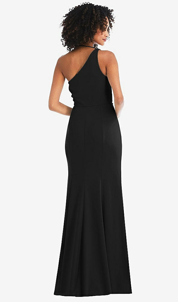 Back View - Black One-Shoulder Draped Cowl-Neck Maxi Dress