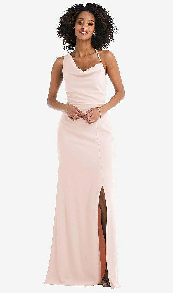 Front View - Blush One-Shoulder Draped Cowl-Neck Maxi Dress